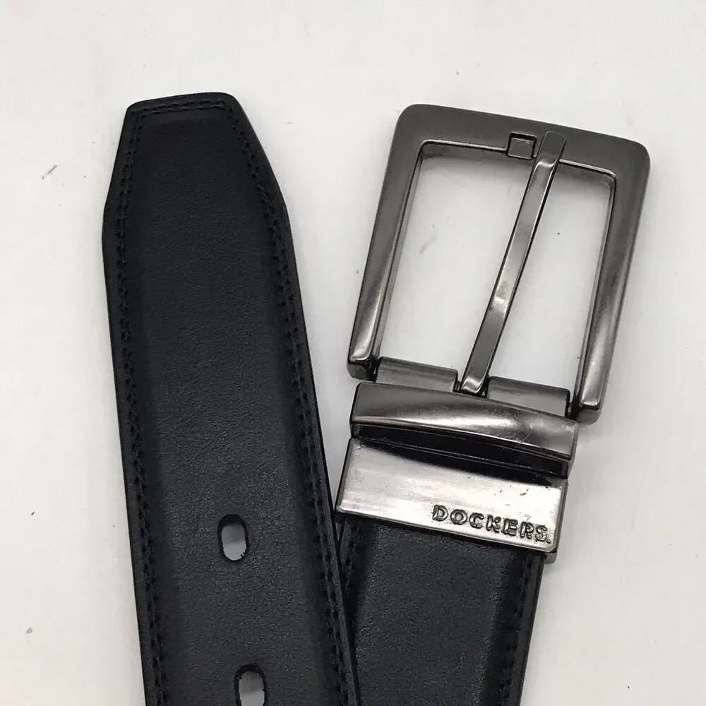 Dockers Black Synthetic Leather Belt Men's 42-44 Nickel Metal Loop Buckle Belt